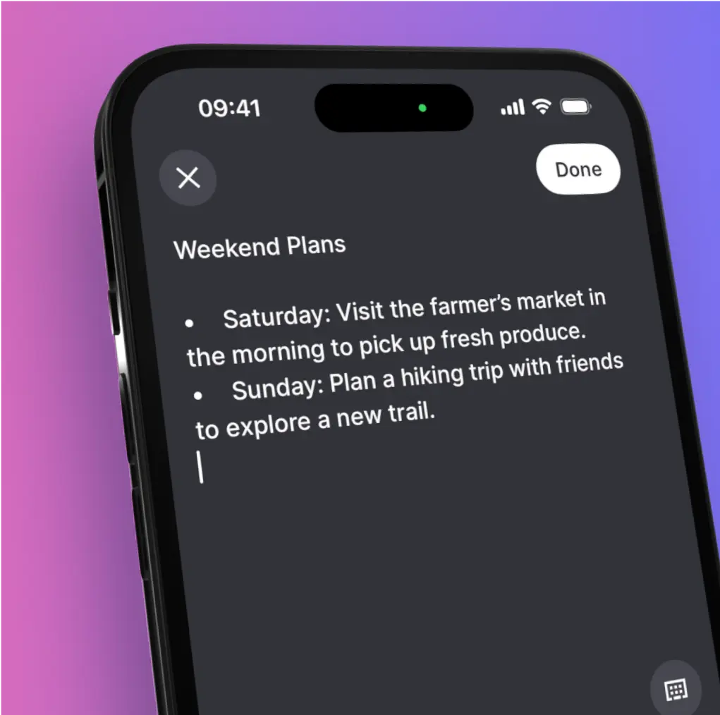 An image of the new.space note editor open with a note describing weekend plans.s