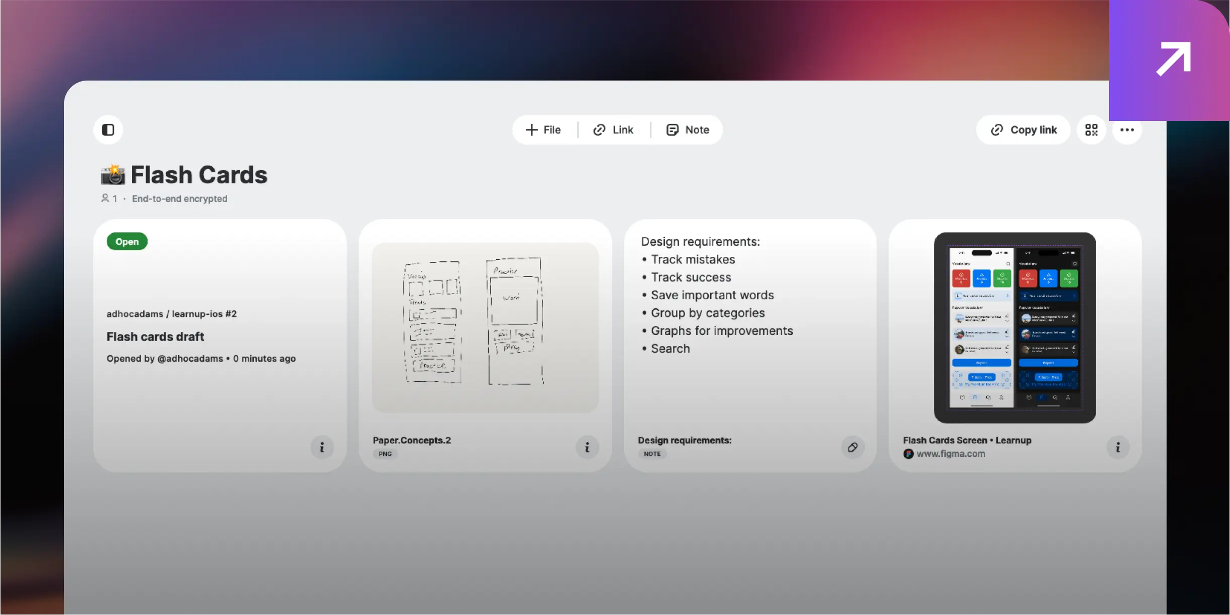 An example space showing a project going from a hand-drawn sketch, to a Figma design, and then a Github pull request.